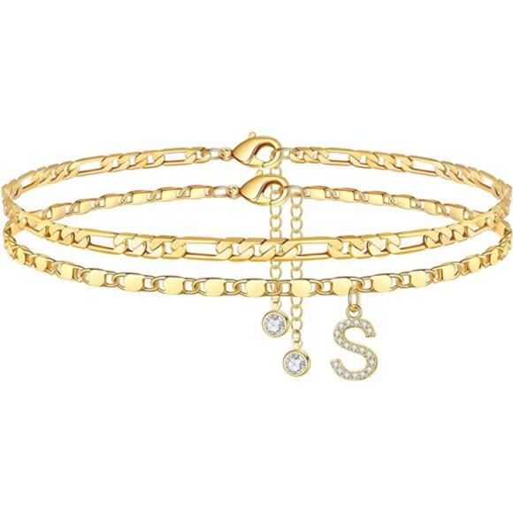 Ankle Bracelets for Women,14K Gold Plated Dainty Layered Chain CZ Initial Anklet - Picture 1 of 7